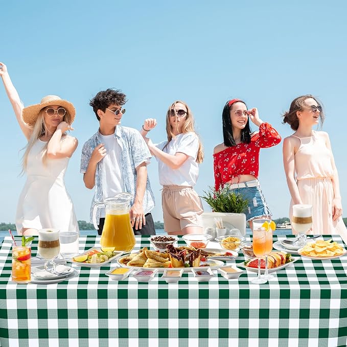 WNINK 6 Pack Green and White Checkered Rectangular Plastic Tablecloths, Green Gingham Waterproof Disposable Table Covers 54" x 108" for Birthday, Wedding, Outdoor Picnic Camping Parties