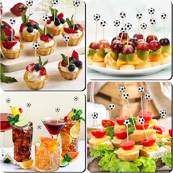 100 Pcs Soccer Toothpicks, 4.72 Inch Soccer Cocktail Picks for Appetizers, Long Bamboo Toothpicks, Decorative Toothpicks Skewers for Holiday Birthday Party Decorations (Soccer 3D)