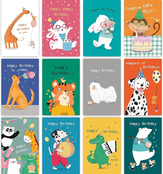 Birthday Cards Bulk for Kids, Cute Animal Birthday Cards, Assorted Happy Birthday Note Cards for Boys Girls, Children Birthday Cards with Envelopes & Stickers - 12 Unique Designs (6 x 4 In, 24 Pack)