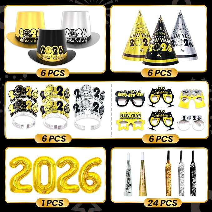 New Years Eve Party Supplies 2026 for 24 Guests, Happy New Years Decorations Party Favors Includes Top Hats, Tiaras, Glasses Accessories for Adults Kids Nye Decorations 2026