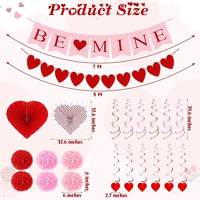 26PCS Valentines Decorations, Happy Valentines BE MINE Banner, Heart Felt Garland Paper Fans POMPOM Flowers, Red Pink Hanging Swirls for Heart Love Party Decorations Decor Wedding Supplies