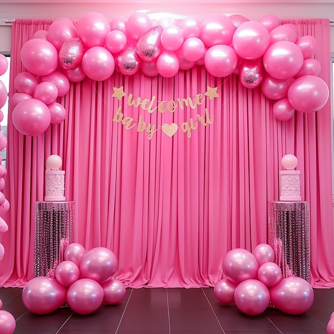 Hot Pink Backdrop Curtain 10 Panels-Wrinkle-Free Polyester Photography Drapes for Wedding Party Photo Background Decorations- 40 X10FT