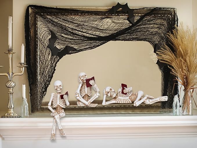 3 Piece Halloween Indoor Decor Figurines Sitting Skeleton Statue Halloween Decorations mini Reading Skull Figurine Home Decor for Living Room Table Shelf Ornament
