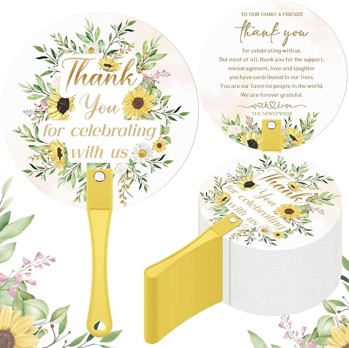 100 Pcs Wedding Hand Fans for Guests Bulk Decorative Plastic Handheld Wedding Favor Fans with Handle Thank You for Celebrating with Us for Ceremony Bridal Shower Party Decor(Sunflower)
