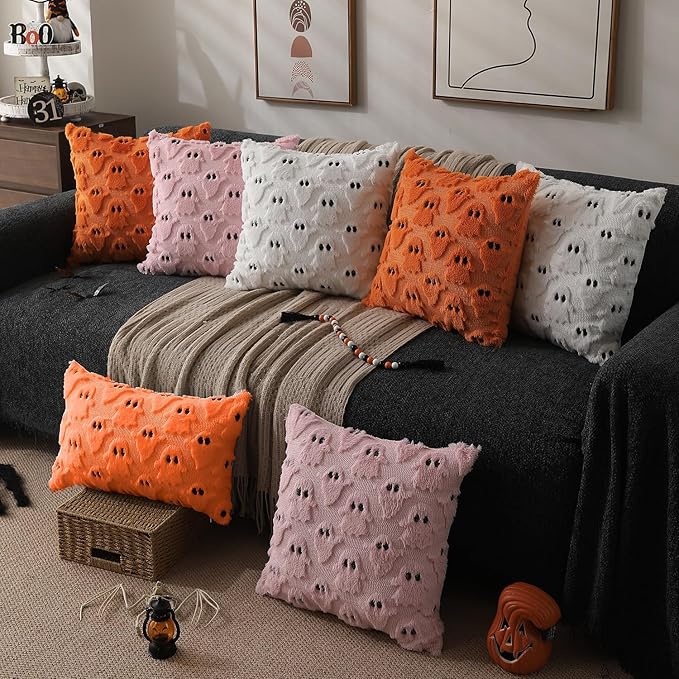 DFXSZ Halloween Pillow Covers 12x20 inch Set of 2 Orange Ghost Throw Pillow Cases Soft Plush Faux Fur Wool Couch Cushion Case for Chair Sofa Bedroom Living Room Home Decor PTK03C12