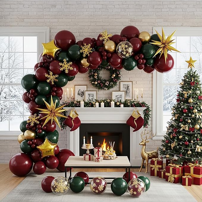 Christmas party decorations with Maroon Hunter Green Gold confetti Balloon arch & foil Star balloons & Artificial Snowflake Xmas Garland for Winter friendsmas new year party decorations (Maroon)