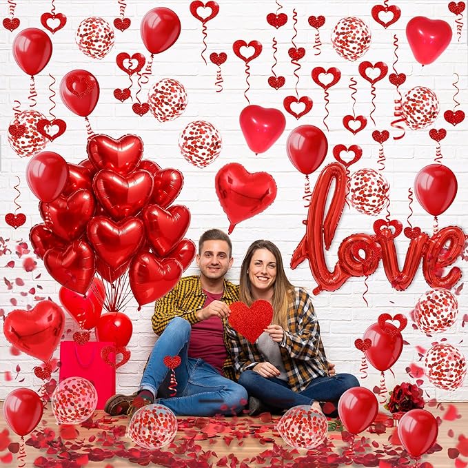 Fecedy Love and Heart-Shaped Aluminum Foil Balloon,Heart-Shaped and Round Latex balloons,Confetti Balloon,Fake Petals,Hanging Streamers for Valentines Bridal Shower Anniversary Engagement Decorations