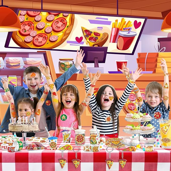 110Pcs Pizza Party Favors for Kids - Pizza Birthday Party Decorations and Supplies with Pizza DIY Stickers, Slap Bracelets, Keychains, Buttons & Tattoos, Goodie Bag Fillers for Boys & Girls