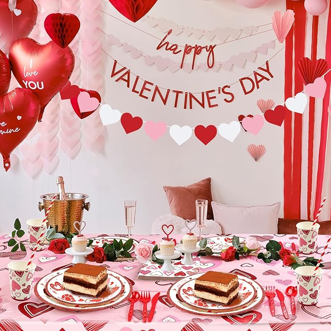 Valentines Day Party Supplies Set for 24, Valentine's Day Plates and Napkins Valentines Tablecloth Cups Valentine Disposable Dinnerware for Valentine's Days Party Decorations