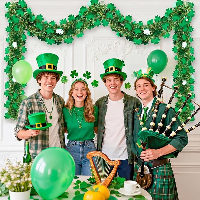 50FT St Patrick's Day Tinsel Garland, Green Gold Shamrock Clover Garland, Shiny Metallic Hanging Shamrock Streamer St Patricks Day Decorations Irish Decor