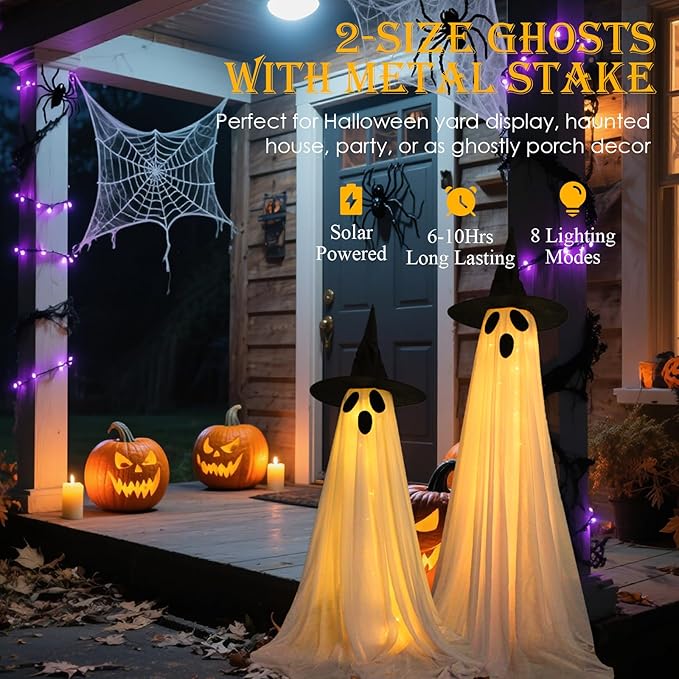 2 Pack Halloween Decorations Outdoor, Solar Light Up Spooky Ghost Decorations, Waterproof Solar Halloween Lights Outdoor Ghost Decor for Yard, Porch, Pathway, Haunted House Party Decor