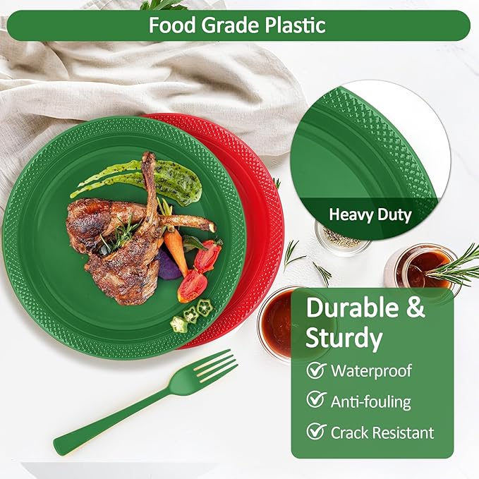 Christmas Plastic Plates and Napkins Set, Disposable 9'' Red and Green Dinner Party Plate and Cups and Napkins Set for 50 Guests, Dinnerware Sets for Christmas, Birthday,Wedding, BBQ