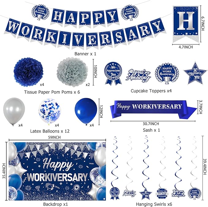 DARUNAXY Happy Workiversary Party Decorations for Men Women, Blue Silver Happy Work Anniversary Banner Cake Topper Hanging Swirl Confetti Balloons Decor Set for Employee Office Party Supplies(31PC)