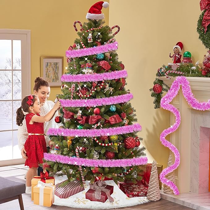 25 Feet Christmas Tinsel Garland, Metallic Twist Garland Wall Hanging Tinsel Garland Backdrop for Parade Floats, Carnival, Birthday, Wedding, New Year Party Decorations (Macaron Pink, 4in x 25ft)