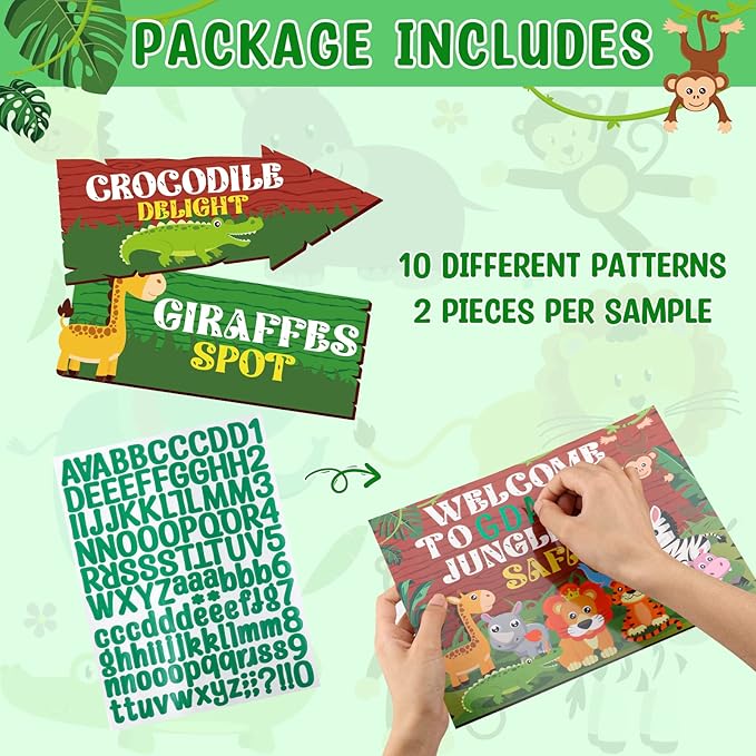 Hooqict 20 Pieces Safari Party Sign for Welcome to Jungle Safari Theme Party Decorations Directional Signs Classroom Wild Animal Birthday Party Decorations Zoo Party Supplies