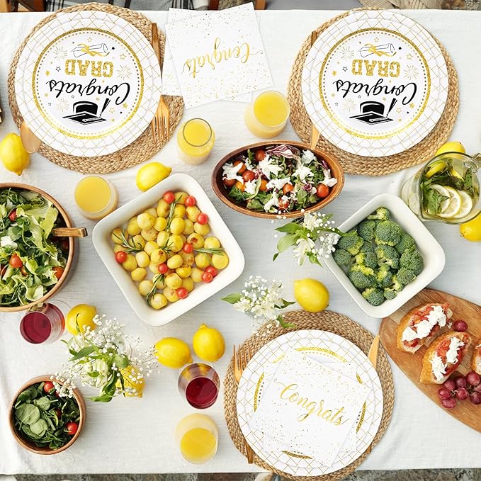 Whaline 175 Pcs Graduation Party Supplies, Paper Plates and Napkins Set, 25 Guests Gold Congrats Grad Disposable Tableware Include Plate Napkin Cup and Cutlery for Party Table Decor