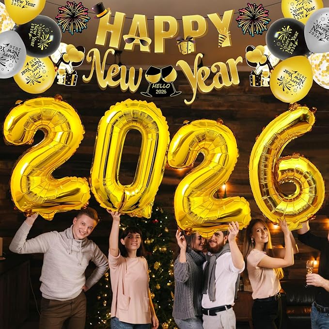 Happy New Year Party Decorations Supplies 2026- Hats, Banner, Glasses, Foil Balloon and Fringe Curtains, New Years Eve Black and Gold Party Decorations