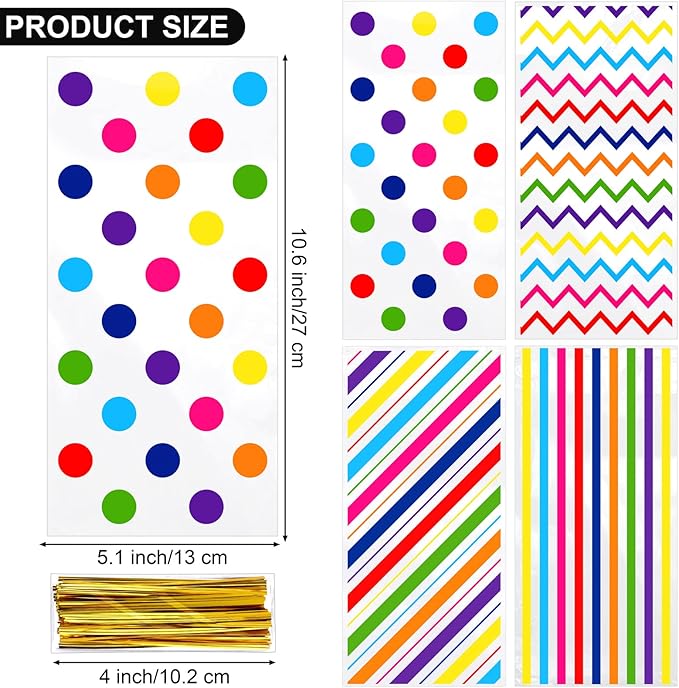 Aodaer 100 Pieces 10.6 x 5.1 In Rainbow Cellophane Bags Plastic Candy Gift Bag Cellophane Treat Bags with Twist Ties Stripes Polka Dot Printed Pattern Goodie Bag for Birthday Weddings Party Favors