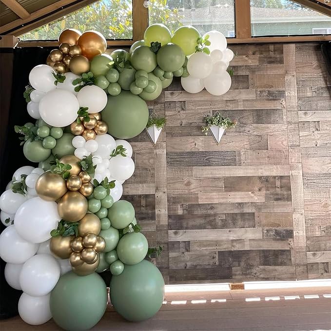 Sage Green White Gold Balloons Garland Arch Kit, 144Pcs 18/12/10/5Inch Sage Green White Metallic Gold and Confetti Latex Balloons for Birthday Baby Shower Engagement Wedding Party Decorations