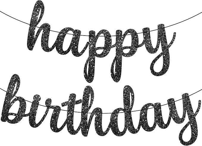 KatchOn, Glitter Cursive Black Happy Birthday Banner - Pre-Strung, 10 Feet | Happy Birthday Sign | Birthday Decorations for Women, Men, Boys and Girls | Birthday Party Decorations