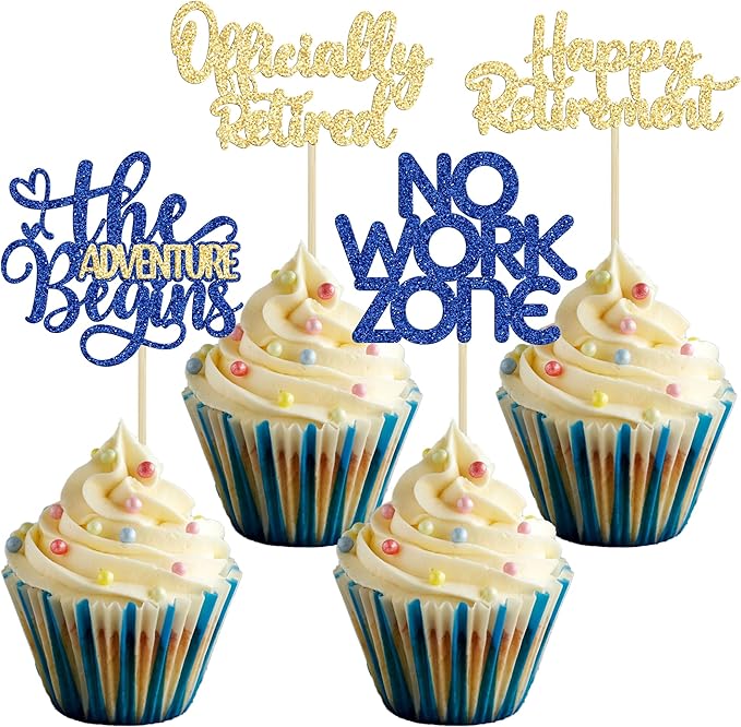 24Pcs Happy Retirement Cupcake Toppers Officially Retired Cake Toppers No Work Zone Adventure Begins Cupcake Picks Retirement Theme Farewell Birthday Party Decorations Supplies Gold Blue