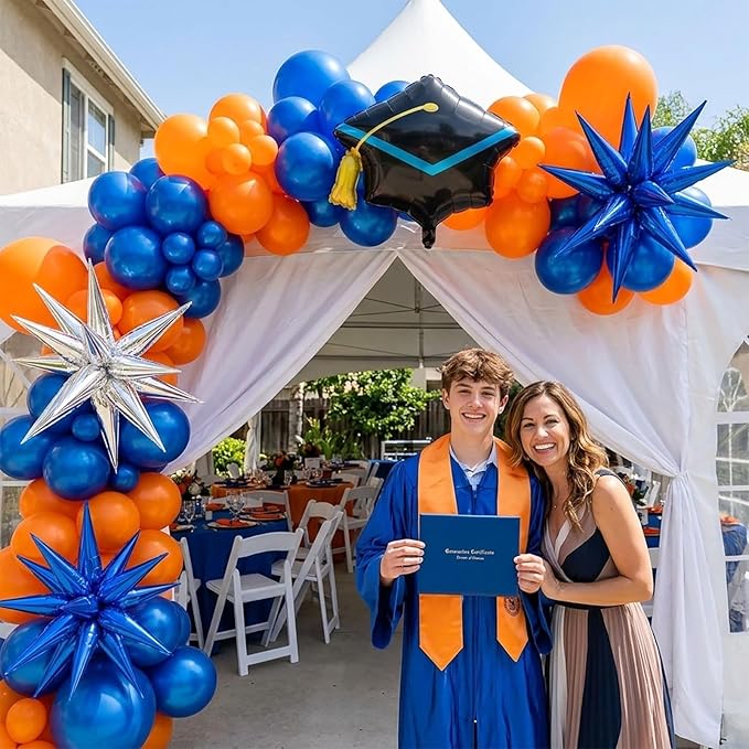 kozee royal blue and orange balloon garland arch kit 150+pcs with graduation cap Blue star mylar balloons for Men birthday 2026 Graduation Ceremony Prom decorations