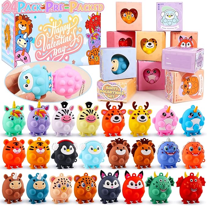 Valentines Day Gifts for Kids, 24 PCS Prefiled Valentines Box with 3D Animal Pop Suction Toys, Valentines Party Favors for Class, School Classroom Valentines Gifts for Boys Girls Toddlers