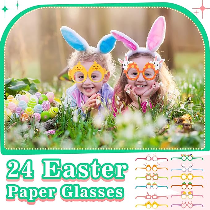 Lenwen 24 Pieces Happy Easter Glasses Paper Glasses Frame Chick Bunny Ears Eggs Eyeglasses Easter Day Eyewear for Kids Adults Photo Booth Props Party Favor Decorations Supplies