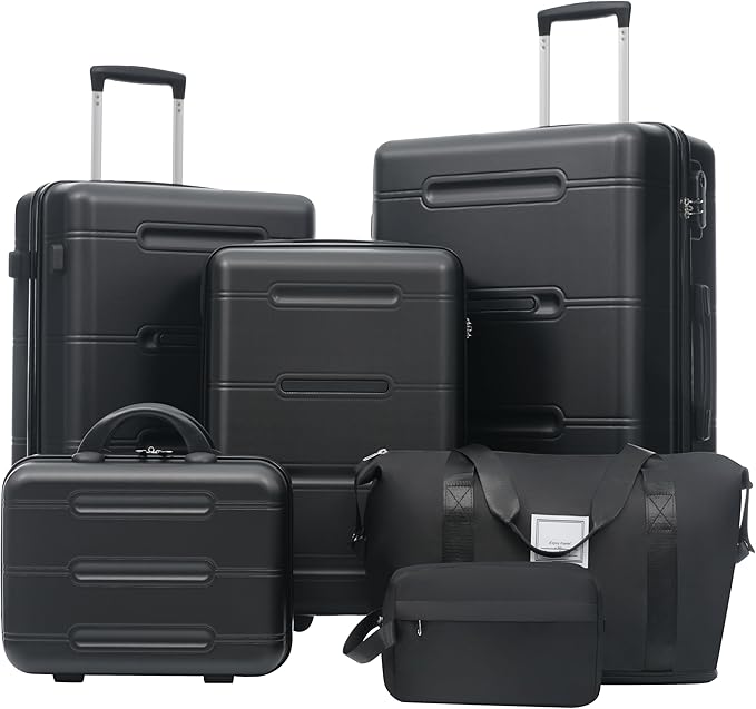 6 Pcs ABS Hardshell Luggage Set Spinner Wheel Suitcase Suitcase All Black