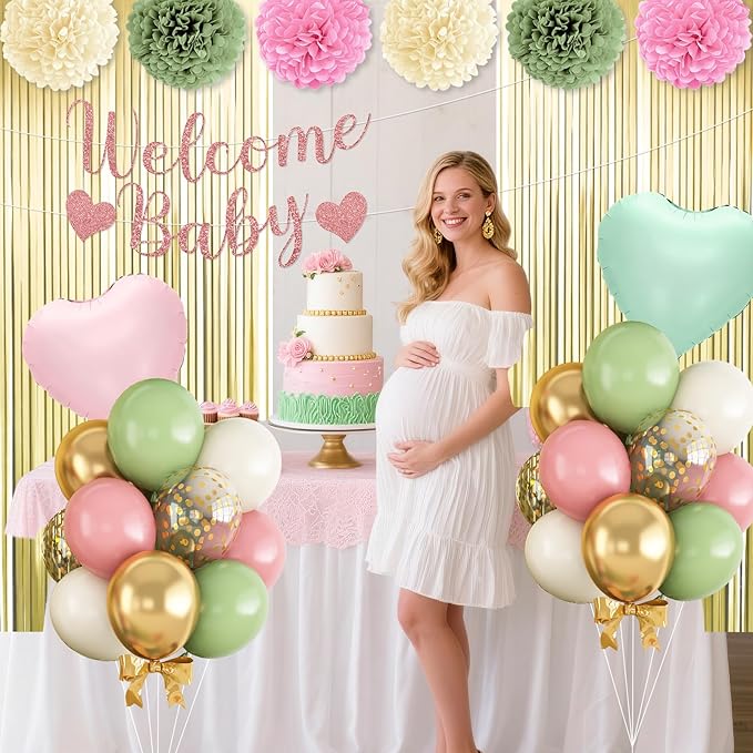 Dusty Pink Green Gold Baby Shower Decorations,Welcome Baby Banner with Sand White Sage Green Balloons Fringe Curtains Paper Pom Poms Flowers Tassels for Boho Baby Shower Gender Reveal Party Supplies