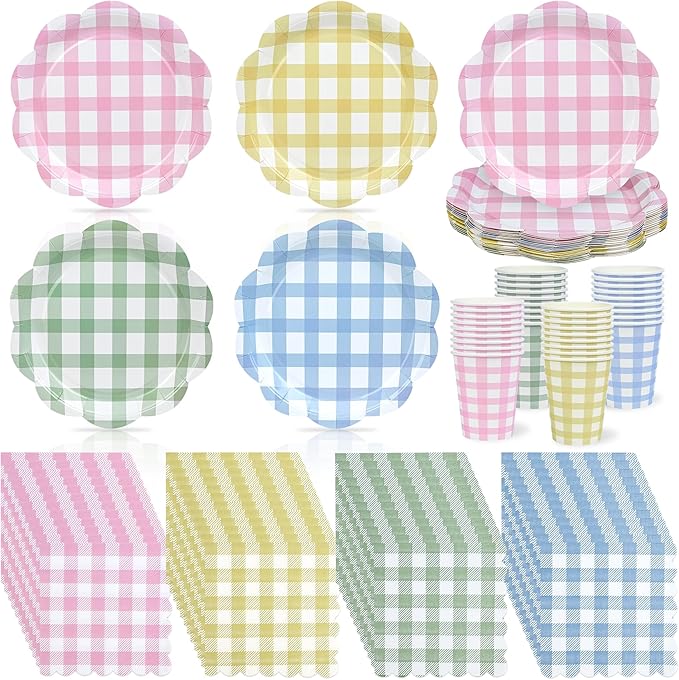 72 Pcs Gingham Party Supplies 9 Inch Easter Party Colorful Dessert Paper Plates and Napkins Disposable Scalloped Picnic Plaid Plates Napkins Cup Checkered Dinnerware Set for Easter Baby Shower Wedding