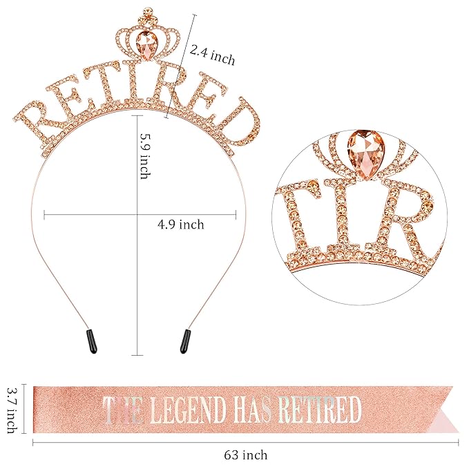 Retirement Gift for Woman Rose Gold Retirement Sash And Crown Headband Retirement Party Decorations "The Legend Has Retired" Sash Elegant Cute Rhinestone Headband