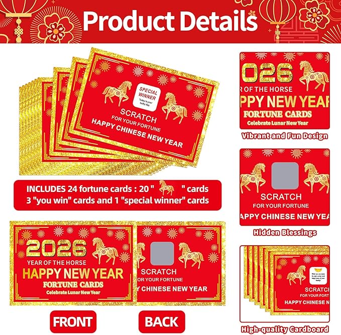 24 Counts Chinese New Year 2026 Horse Theme Scratch Off Fortune Cards with 24 Fortune Coins, Lunar New Year Scratch Game Cards, Spring Festival Party Supplies for Presents Gifts