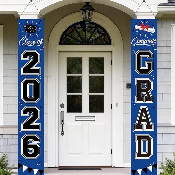 Graduation Decorations 2026 - Blue and Black Graduation Banner Class of 2026 Congrats Grad Party Supplies Decorations Door Banner 2026 for Graduation Decor