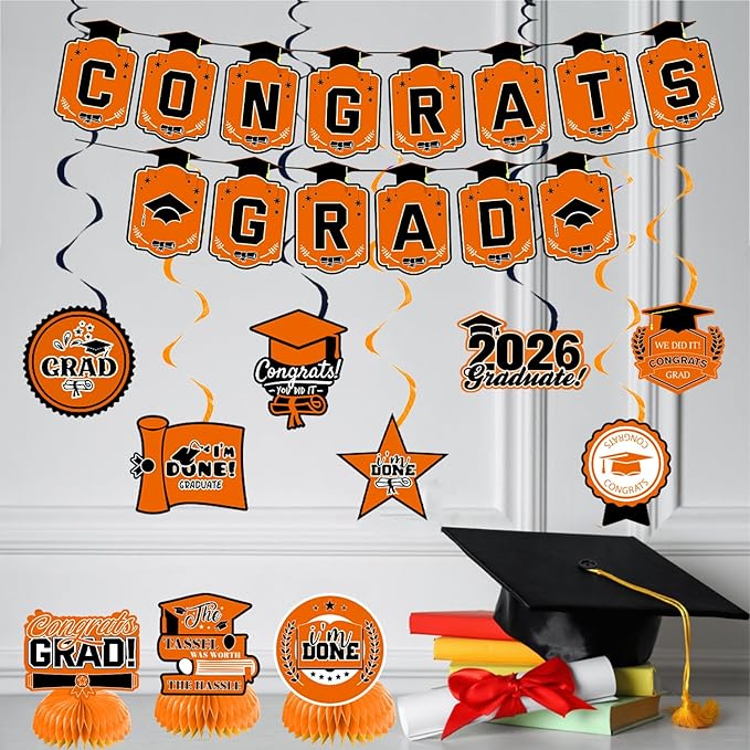 Graduation Decorations 2026 Orange Themed Set - Congrats Grad Banner, Class of 2026 Backdrop, Balloons & Streamers Kit - Complete Party Supplies for High School & College Celebrations
