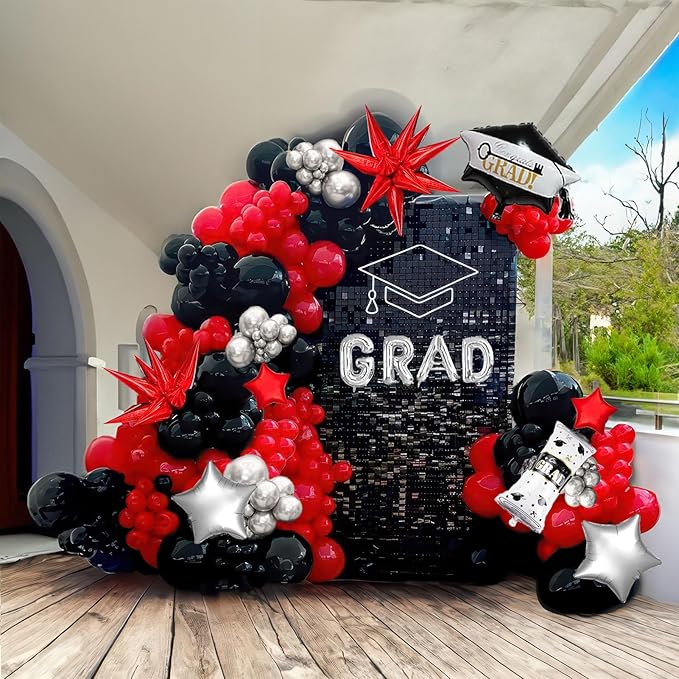 Black Red and Silver Balloon Garland Arch Kit 130+ Pieces with Red and Silver Stars, Graduation Certificate Graduation Cap GRAD Letters Mylar Balloons for 2026 Graduation Prom Decorations