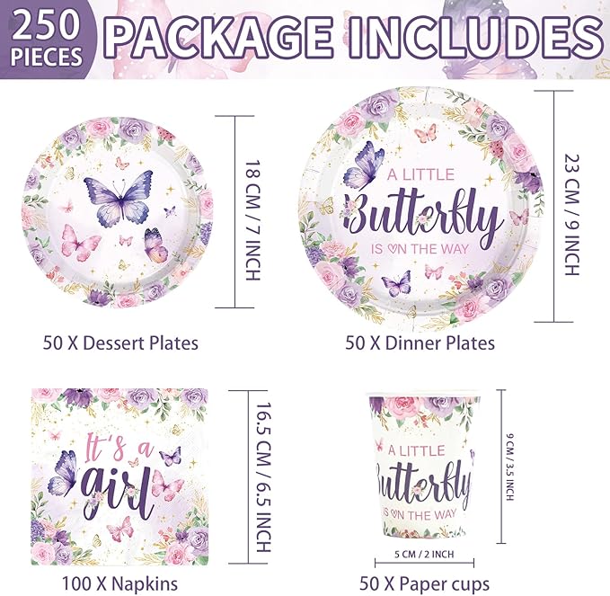 250 Pcs Butterfly Baby Shower Decorations A Little Butterfly is on The Way Tableware Set Include Purple Floral Plates Napkins Cups for Kids Girls Baby Shower Birthday Supplies Serves 50