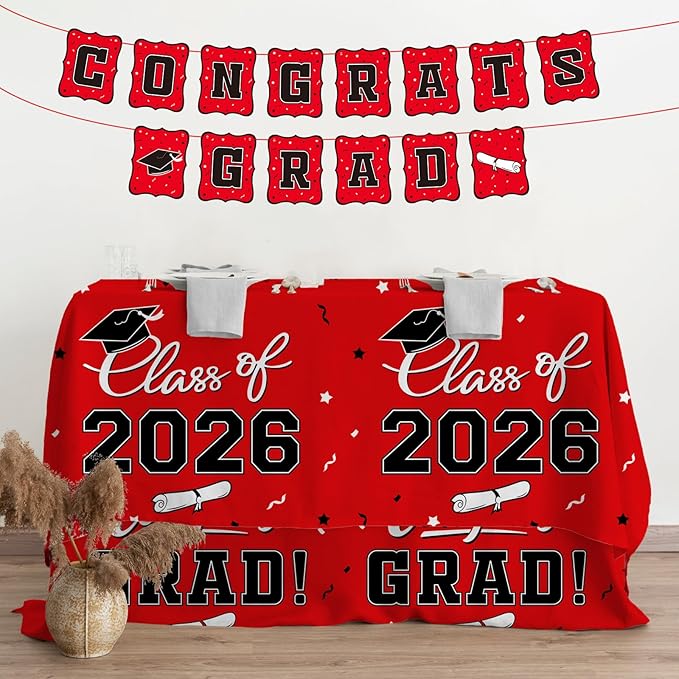 Gatherfun 2026 Graduation Decorations : 2-Pack Congrats Grad Disposable Tablecovers - Class of 2026 Red Themed Table Cloths, for Graduation Party Supplies & Graduation Backdrop, 54" X 108"