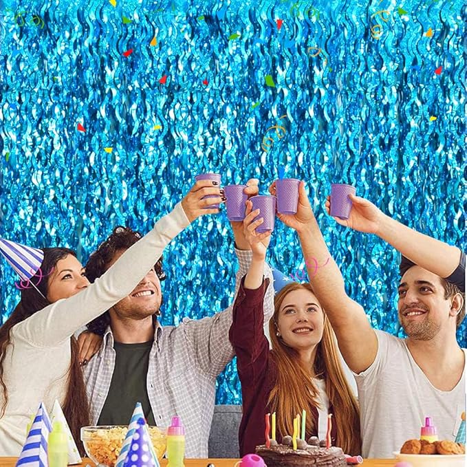 TONIFUL 2Pcs Wavy Metallic Tinsel Foil Fringe Curtains Teal Blue Streamer Backdrop for Photo Booth Props,Party Door Wall Curtains,Bachelorette,Underwater World Birthday Party Decor (6.6ft x 6.6ft)