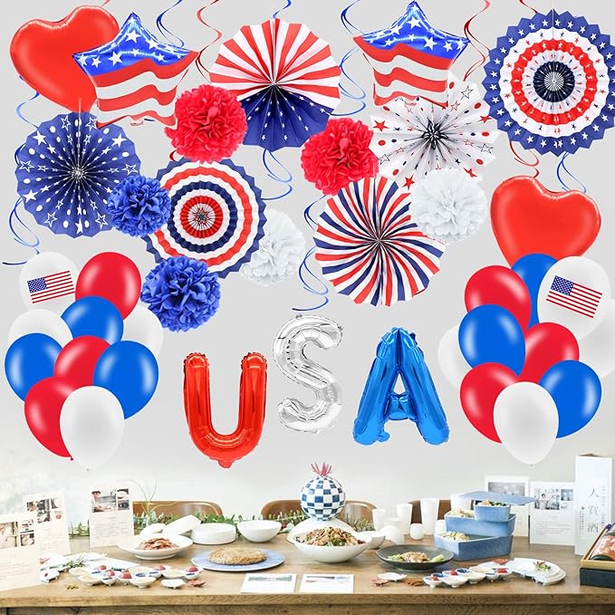 52 Pieces 4th of July Decorations Set - Red White Blue American Flag Hanging Honeycomb Paper Fans, Pom Poms, Swirls, Latex Balloons, Foil Letter / Heart / Stars Balloons, Star Streamer Party Supplies