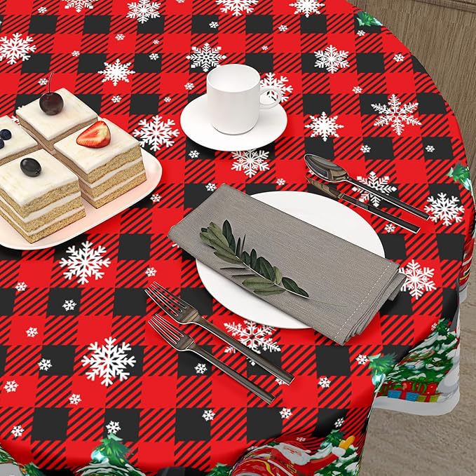 Christmas Tablecloth Round 60 Inch Black Red Buffalo Plaid Snowflake Winter Table Cloth Washable Snowman Christmas Table Cover for Kitchen Dinner Room Holiday Party Indoor Outdoor Home Decor