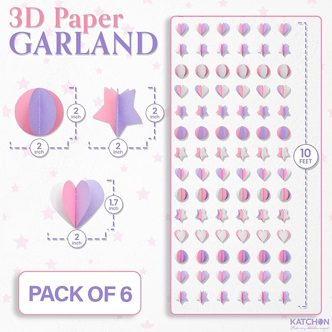 KatchOn, 3D Pink and Purple Paper Garland – Pack of 6 | Garland for Mermaid and Unicorn Birthday Decorations | Happy Birthday Decorations for Girls | Unicorn Party Decorations | Hanging Decorations