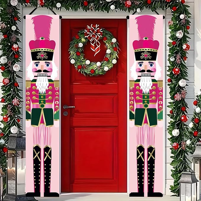Christmas Nutcracker Door Banner 71x12 inch Pink Christmas Hanging Porch Banner Holiday Soldier Wall Decoration for Xmas Front Door Banners Outdoor Fireplace Entryway Party Home Decor