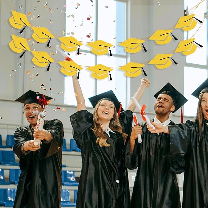 2026 Graduation Hat Banners Garlands Gold Glitter Graduation Party Decoration Banners Graduation Cap Banners Garlands Class of 2026 Graduation Party Banners for College High School