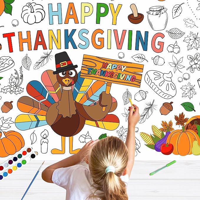Thanksgiving Coloring Posters,Fall Turkey Coloring Paper Tablecloth for Thanksgiving Decorations Party Home Activity Supplies,30 x 72 Inch