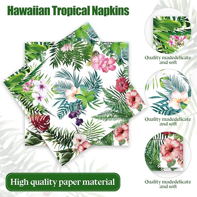 50PCS Hawaiian Tropical Napkins, Disposable Tropical Luau Party Plates for HawaiianTheme Birthday, Summer BBQ, Pool Beach, and Picnic