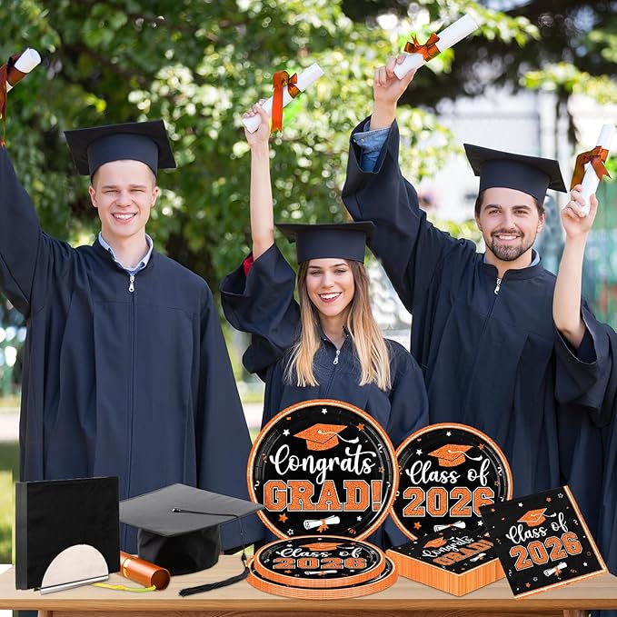 Graduation Plates and Napkins 2026,Orange Graduation Decorations 2026,200pcs Orange and Black Plates and Napkins Graduation Party Supplies for Graduation Party Decorations,Serve 50