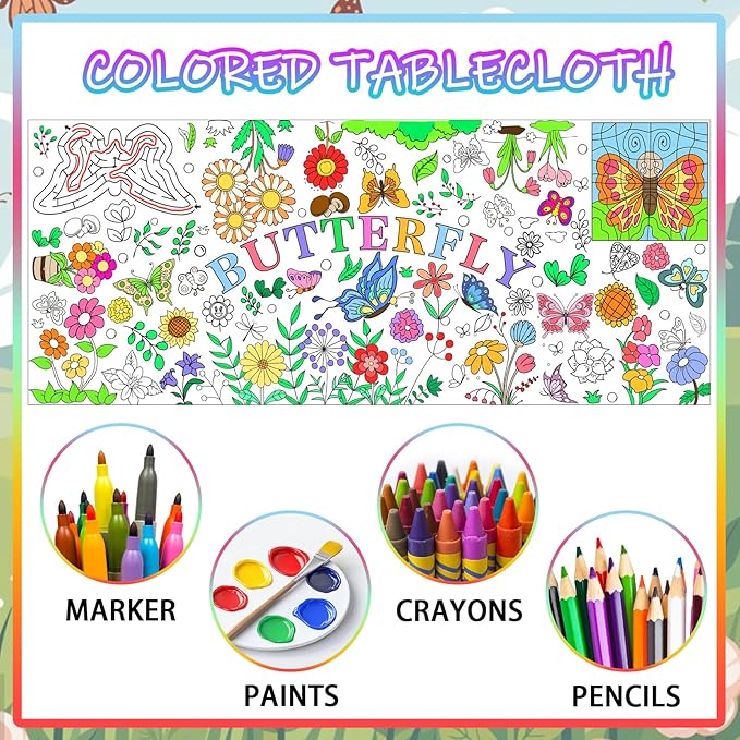 Spring Giant Coloring Poster for Kids 30x72 Inch Large Butterfly Fairy Party Flower Drawing Paper Coloring Tablecloth DIY Art Crafts Mat for Kids Birthday Themed Activity Wall Home Classroom Suppiles