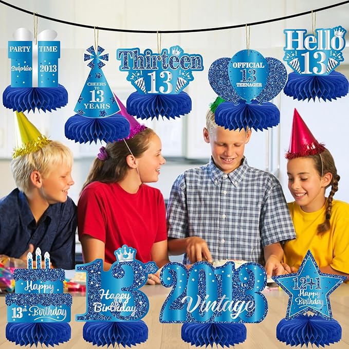9Pcs 13th Birthday Decorations Blue Silver 13th Birthday Party Decorations for Teens Boys Girls,Happy 13 Years Birthday Honeycomb Centerpieces Table Sign Decor Supplies