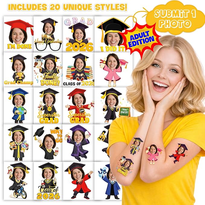 Custom Graduation Temporary Tattoos for Kids - Personalized Pre-Cut Face Photo Tattoos - Fun Birthday Party Favors for Boys Girls, Graduation Day - Set of 20 Unique Celebration Gifts